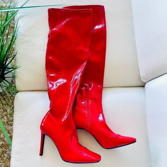 New in Box Gorgeous INC Sz 8 Red High Stiletto Heel Patent Leather Boots - Picture 1 of 12